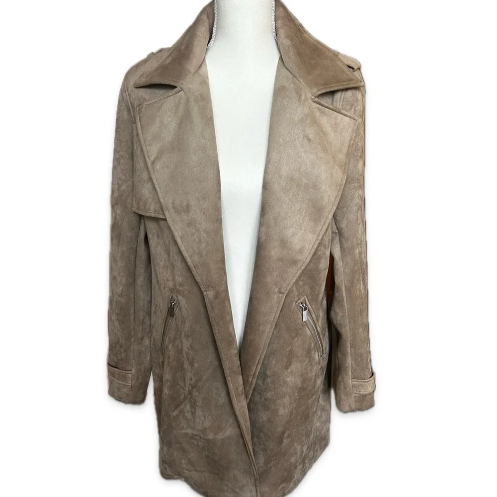 MAGASCHONI Tan Faux Suede Open Front Jacket Size Large - Picture 2 of 14